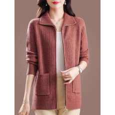 批发2025新款羊毛针织开衫女春秋大码中年妈妈拉链翻领毛衣外套中<b class='q'>长款</b>