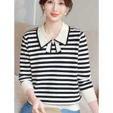 批发洋气新款飘带翻领条纹针织衫<b class='q'>上衣</b>宽松春秋薄款<b class='q'>妈妈装</b>毛衣中老年女