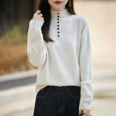 慵懒风半高领时尚半纽扣针织衫女秋冬新款加厚洋气宽松毛衣打底衫
