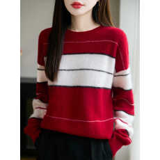 批发高级感<b class='q'>大码</b>撞色条纹圆领针织软糯毛衣女秋冬新款外穿长袖韩系上衣