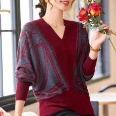 批发冬季新款新中式国风宽松显瘦V领蝙蝠式<b class='q'>长袖</b>毛针织衫9038
