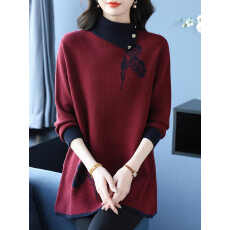 批发中年<b class='q'>妈妈</b>装半高领毛衣女秋冬新款宽松大码洋气拼色针织打底衫上衣