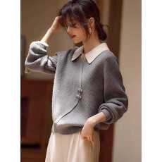 批发新中式国风斜门襟假两件羊毛针织衫女慵懒宽松气质小上衣