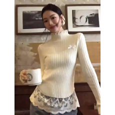 批发法式假两件蕾丝拼接半高领<b class='q'>针织衫</b>女秋冬内搭蝴蝶结修身别致短上衣