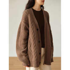 批发麻花棕色毛衣开衫秋冬新款女装简约复古V领针织<b class='q'>外套</b>上衣<b class='q'>显瘦</b>宽松