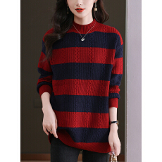 批发条纹中长款羊毛衫女2026秋冬<b class='q'>妈妈装</b>半高领毛衣宽松撞色打底衫