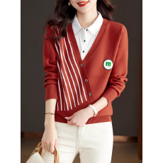 批发2026秋装新款衬衫领条纹毛衣女<b class='q'>妈妈</b>装秋冬季假两件针织衫打底上衣