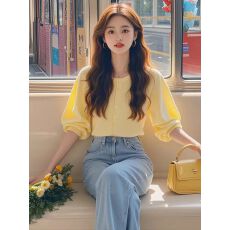 批发早秋韩系氛围感穿搭奶<b class='q'>黄色</b>针织开衫宽松显瘦慵懒小香风毛衣外套女