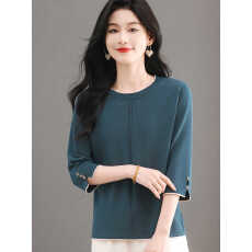 批发薄款七分袖圆领桑蚕丝打底<b class='q'>针织衫</b>女宽松中袖冰丝上衣<b class='q'>妈妈</b>遮肚t恤