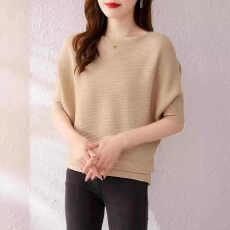 一字领天丝针织衫短袖T恤女2026夏季新款蝙蝠袖时尚宽松小衫上衣