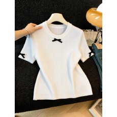 批发f法式高级感蝴蝶结<b class='q'>白色</b>正肩短袖t恤夏季修身显瘦设计感针织上衣