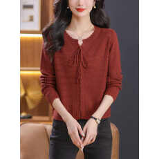 批发2026春秋新款圆领系带镂空长袖T恤女<b class='q'>短款</b>打底衫羊毛衫宽松妈妈装