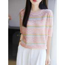 批发2026夏季圆领正肩短袖条纹T恤女<b class='q'>宽松</b>休闲薄款透气小衫百搭t恤<b class='q'>上衣</b>