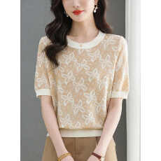 批发圆领冰丝针织衫t恤女短袖夏季2026新款中年妈妈薄款打底小衫<b class='q'>上衣</b>