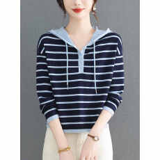 批发韩系连帽条纹针织<b class='q'>卫衣</b>女春秋季新款慵懒风显瘦百搭长袖<b class='q'>短款</b>打底衫