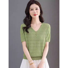 v领短袖冰丝针织t恤女夏季2026新款中年妈妈镂空小衫宽松打底上衣
