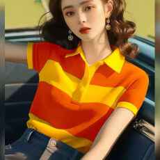 批发撞色条纹polo衫短袖t恤夏打底衫内搭2026夏季新款<b class='q'>女装</b>设计感上衣