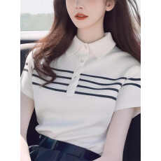 批发2026夏新款白色<b class='q'>条纹</b>翻领半开扣短袖T恤冰丝<b class='q'>针织</b>衫女气质好看上衣