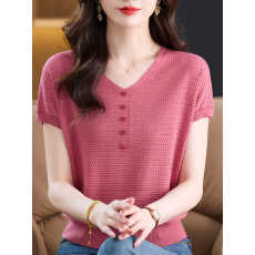 批发2026夏季新款V领/圆领针织短袖女T恤天丝<b class='q'>宽松</b>显瘦气质外穿上衣潮