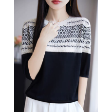 批发莱赛尔天丝针织五分袖女圆领条纹T恤打底<b class='q'>宽松</b>半袖上衣夏