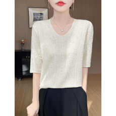 批发法式提花V领半袖<b class='q'>打底衫</b>女2026春夏新款五分袖针织T恤<b class='q'>大码</b>遮肉上衣