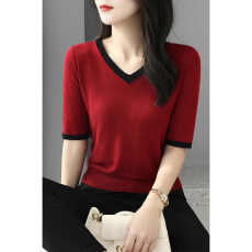 批发法式高级V领五分袖针织衫毛衣女秋季2026新款修身酒红色打底上衣