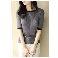 批发时尚圆领针织衫女装夏季2026新款韩系拼色<b class='q'>宽松</b>短袖T恤打底薄上衣