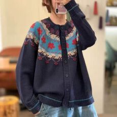 批发春秋装外搭圆领纯色提花棉线针织<b class='q'>开衫</b>女韩版宽松长袖毛衣外套百搭