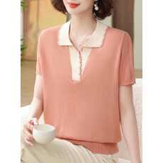 批发妈妈装时尚针织小衫翻领冰丝上衣新款中老年夏装短袖T恤宽松打底