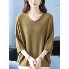 批发中年妈妈春秋七分袖针织衫女薄款T恤宽松大码V领毛衣休闲打底上衣