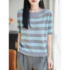 批发法式优雅条纹针织短袖T恤衫女2026夏季半袖显瘦百搭宽松透气上衣