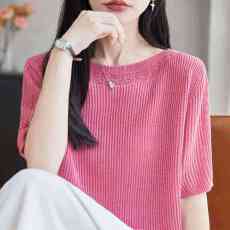 批发灰色针织短袖女夏季薄款洋气T恤温柔风通勤百搭镂空圆领宽松半袖