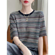 批发法式复古条纹POLO领短袖T恤女撞色镂空<b class='q'>针织</b>V领假<b class='q'>开衫</b>上衣冰丝T恤