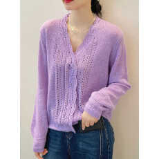 批发轻奢设计感轻奢镂空蕾丝边V领毛衣开衫女<b class='q'>春</b>季针织毛衣高级感上衣