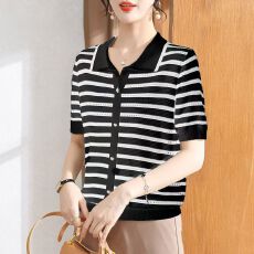 批发<b class='q'>妈妈装</b>夏季衣服条纹翻领针织衬衫2026新款<b class='q'>中老年女装</b>洋气冰丝<b class='q'>上衣</b>