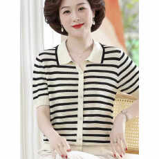 批发2026新款妈妈夏装短袖T恤中老年女冰丝条纹<b class='q'>上衣</b>洋气薄款小衫套装