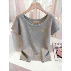 批发法式简约休闲圆领灰色针织<b class='q'>短袖</b>T恤女夏季小个子外穿内搭显瘦上衣