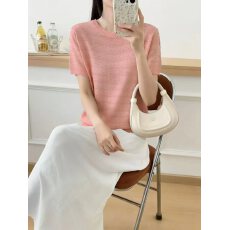批发2026夏季新款紫色圆领桑蚕丝短袖t恤女洋气<b class='q'>妈妈装</b>上衣薄款打底衫