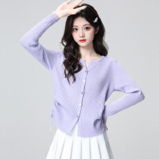 批发紫色V领针织<b class='q'>开衫</b>女春秋2026春季新款<b class='q'>不规则</b>抽绳收腰外穿短款上衣