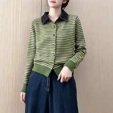 批发跨境牛仔拼接Polo领针织开衫女秋冬新款外贸款女装条纹毛衣外套