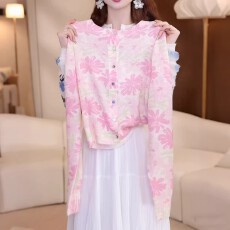 批发2026春季新款<b class='q'>毛衣</b>针织开衫女士高级独特好看漂亮撞色花朵圆领上衣