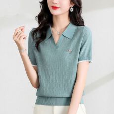 批发冰丝针织短袖夏季新款polo领T恤衫女薄款百搭短袖<b class='q'>妈妈</b>翻领女上衣