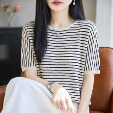 批发天丝短袖条纹针织衫女夏薄款圆领短袖宽松T恤<b class='q'>蝙蝠</b>袖上衣女装批发
