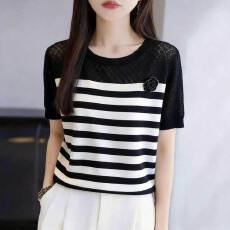批发条纹正肩<b class='q'>山茶花</b>短袖<b class='q'>T</b><b class='q'>恤</b>女夏季2026新款镂空薄款冰丝针织短款上衣