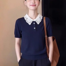 批发藏青色法式复古<b class='q'>甜美</b>翻领短袖T恤女2026夏季新款蕾丝拼接大码上衣