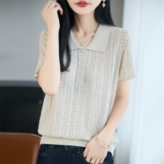 批发2026早<b class='q'>秋</b>新款天丝亚麻POLO领针织衫短袖女纯色扭花宽松打底衫上衣