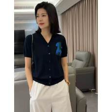 批发夏季新款可爱小马开衫提花V领百搭薄款短袖单排扣针织衫上衣