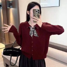 批发名媛风翻领丝巾系带长袖<b class='q'>针织</b>上衣女洋气减龄显瘦百搭<b class='q'>针织</b><b class='q'>开衫</b>外套