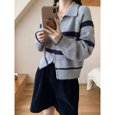 批发超好看的韩系条纹毛衣女2025新款秋冬针织开衫韩国东大门上衣外套