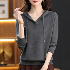 批发中年<b class='q'>妈妈</b>连帽针织衫女春秋新款羊毛打底衫卫衣加大码宽松休闲毛衣